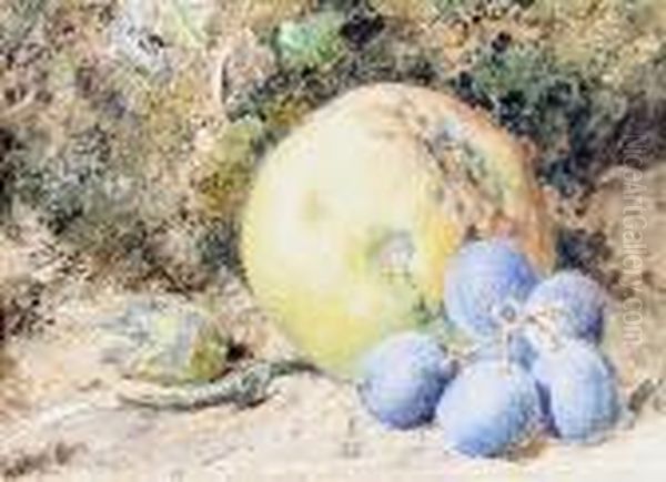 A Still Life Of An Apple And Grapes On A Mossybank Oil Painting by William Henry Hunt