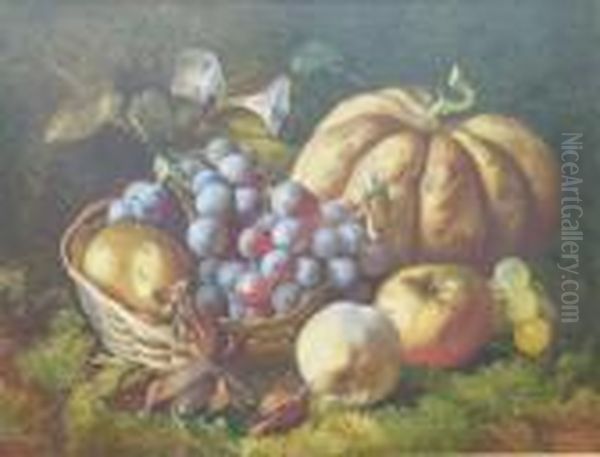 A Still Life With Grapes , Apples And Melon On A Mossy Bank Oil Painting by William Henry Hunt