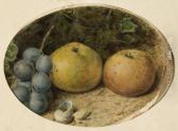 Still Life Of Apples And Grapes On A Mossybank Oil Painting by William Henry Hunt