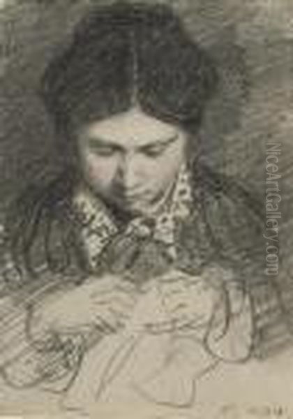 A Young Woman Sewing Oil Painting by William Henry Hunt