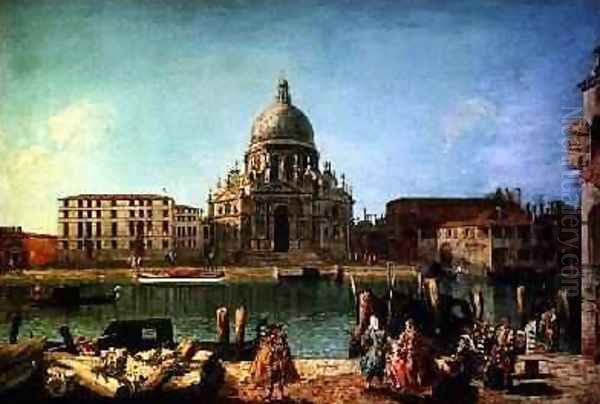 S Maria della Salute from the Rio de San Moise Venice with gentry and gondoliers in the foreground Oil Painting by M. & Guardi, G.A Marieschi