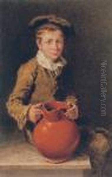 Portrait Of One Of The Swain Brothers Holding A Pitcher Oil Painting by William Henry Hunt