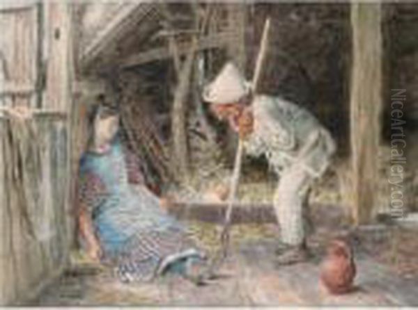 Two Children In A Barn Oil Painting by William Henry Hunt