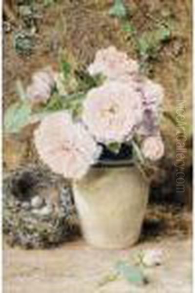 Still Life With Roses In A Vase And A Birds Nest Oil Painting by William Henry Hunt