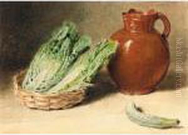 Still Life With A Jug, A Cabbage In A Basket And A Gherkin Oil Painting by William Henry Hunt