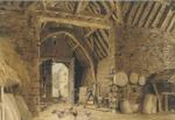 Interior Of A Barn With Chickens Oil Painting by William Henry Hunt