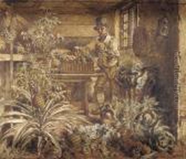 A Gardener In His Potting Shed Oil Painting by William Henry Hunt