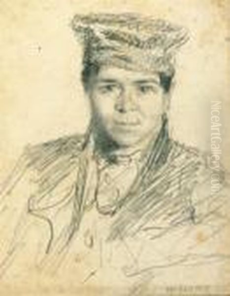 Portrait Of A Boy, Bust-length, Wearing A Hat Oil Painting by William Henry Hunt