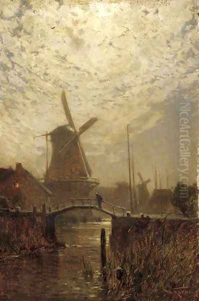 A figure crossing a bridge over a Dutch waterway by moonlight Oil Painting by Walter Moras