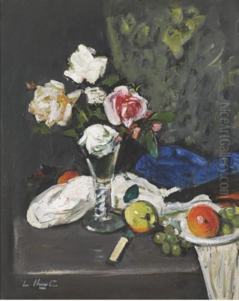 Still Life With Fruit And Roses In A Wine Glass Oil Painting by George Leslie Hunter