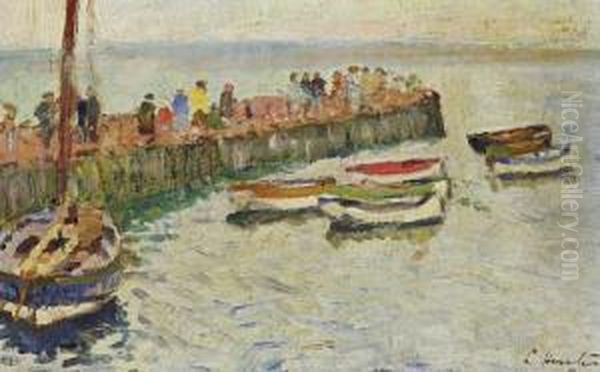 Figures On The Pier, Largo Oil Painting by George Leslie Hunter