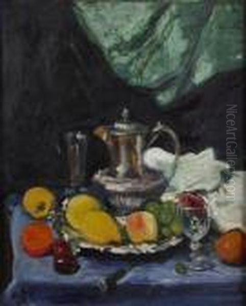 Still Life With Silver Teapot Oil Painting by George Leslie Hunter