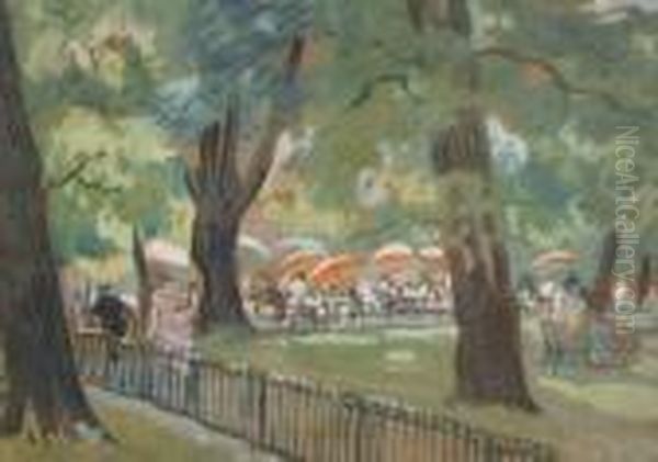 A Parkland Caf Oil Painting by George Leslie Hunter