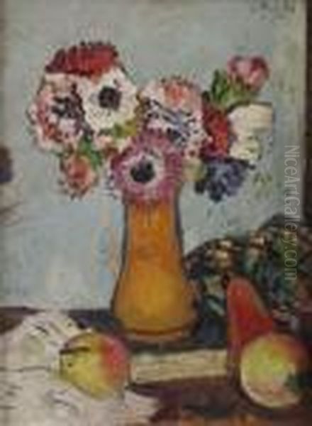 Still Life With Fruit And Anemones Oil Painting by George Leslie Hunter