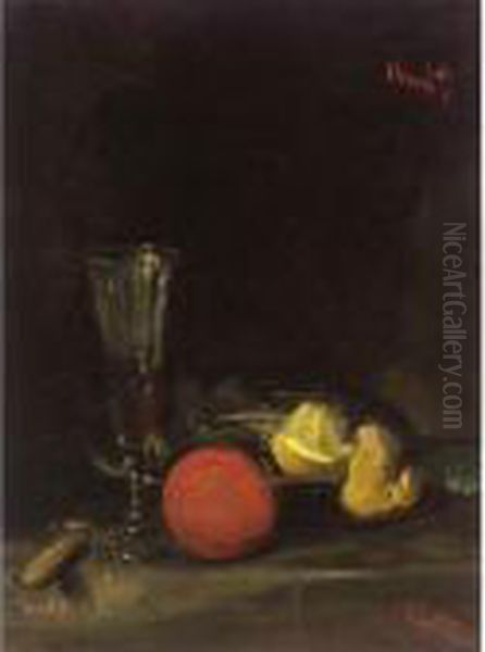 Still Life Of Fruit And A Wine Glass Oil Painting by George Leslie Hunter