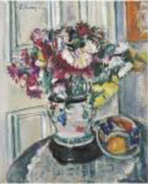 Chrysanthemums Oil Painting by George Leslie Hunter