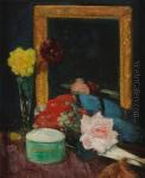 Still Life With Pink Rose Oil Painting by George Leslie Hunter