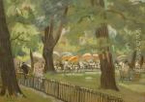 Figures In A Parkland Caf Oil Painting by George Leslie Hunter