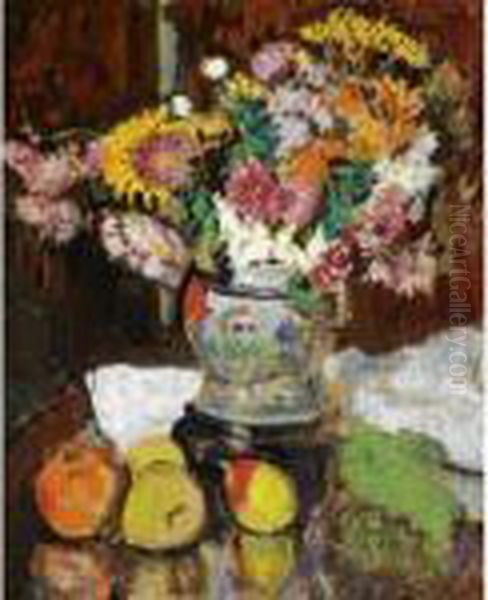 Chrysanthemums In A Chinese Vase Oil Painting by George Leslie Hunter