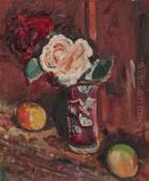 Still Life Of Cream And Red Roses And Fruit Oil Painting by George Leslie Hunter