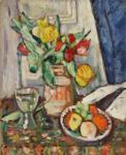 Tulips And Fruit Oil Painting by George Leslie Hunter