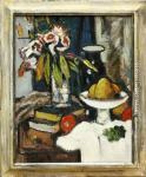 Fruit And Books Oil Painting by George Leslie Hunter