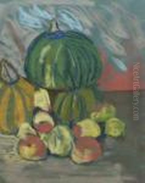 Still Life Study Of Pumpkinsand Other Fruit On A Ledge Oil Painting by George Leslie Hunter