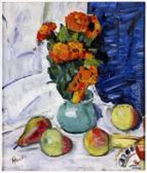 Still Life Of Marigolds And Blue Curtain Oil Painting by George Leslie Hunter