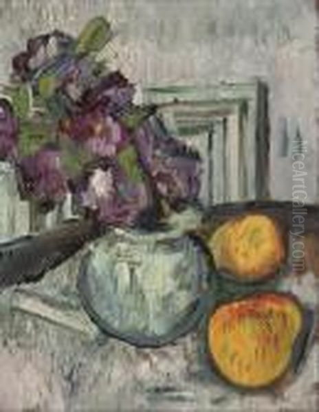 Still Life With Purple Flowers And Apples Oil Painting by George Leslie Hunter