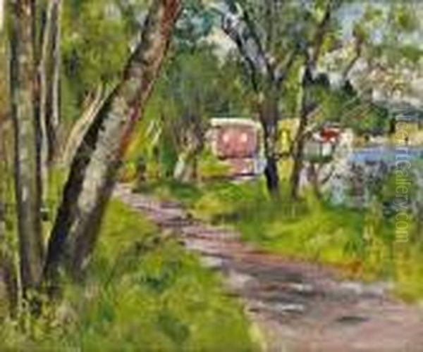 Houseboats Loch Lomond Oil Painting by George Leslie Hunter