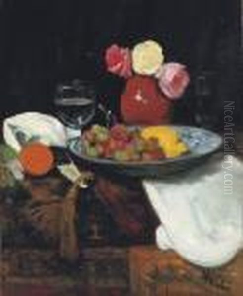 Still Life With Roses, Fruit And Wine Glasses Oil Painting by George Leslie Hunter