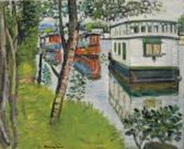 Houseboats, Loch Lomond Oil Painting by George Leslie Hunter