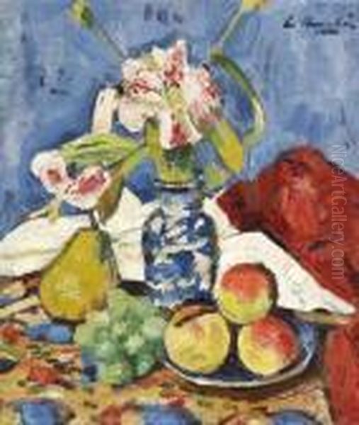 Still Life Of Lilies And Fruit by George Leslie Hunter