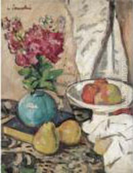 Still Life With Fruit And Flowers In A Green Vase (recto), Composition Sketch (verso) Oil Painting by George Leslie Hunter