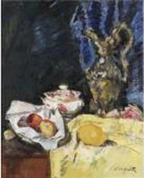 Still Life With Fruit, A Ewer 
And An Ecuelle On A Yellow Drape (recto), A Fife Landscape (verso) Oil Painting by George Leslie Hunter