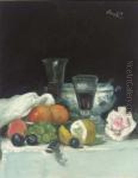 Still Life Of Fruit And A Rose Oil Painting by George Leslie Hunter