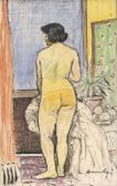 Nude By A Green Screen Oil Painting by George Leslie Hunter