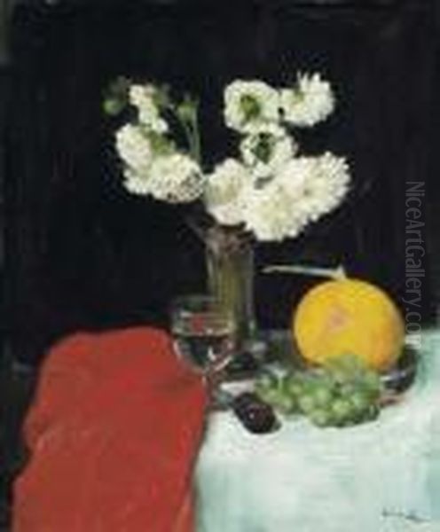 Still Life Of Dahlias, A Wine Glass And Melon Oil Painting by George Leslie Hunter