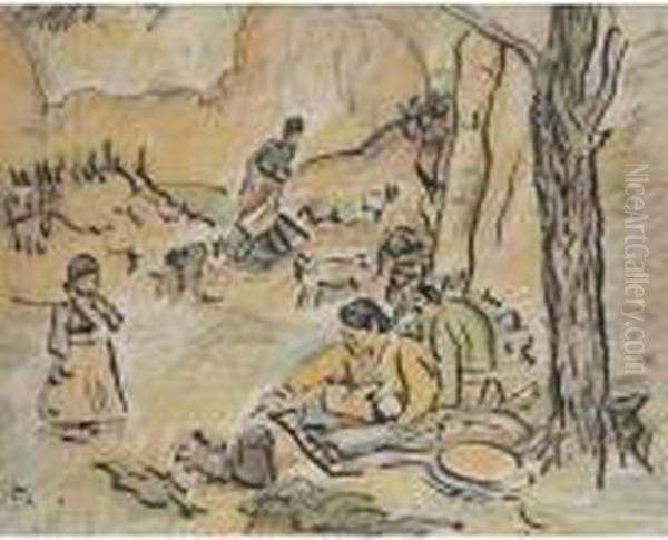 Native Americans At The Campfire Oil Painting by George Leslie Hunter