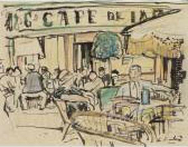 Cafe A Vence Oil Painting by George Leslie Hunter