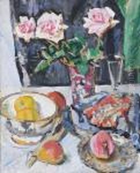 Still Life Of Pink Roses, Fruit, Glass And Fabrics Oil Painting by George Leslie Hunter