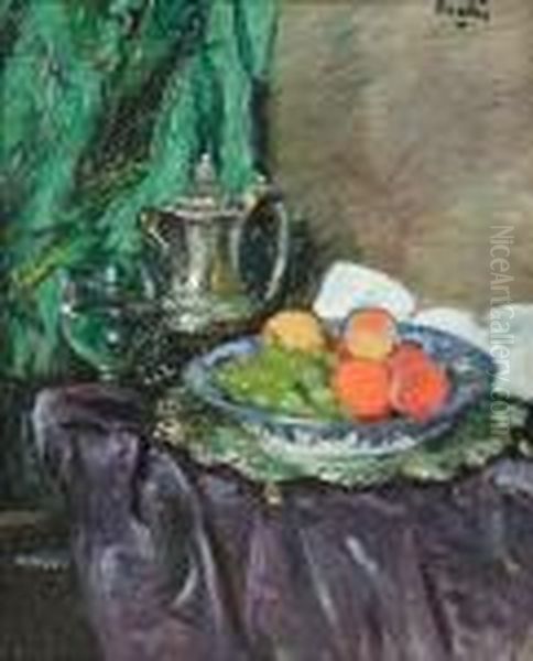 Still Life Of Coffee Pot, Wine Glass, Salver And Fruit Oil Painting by George Leslie Hunter