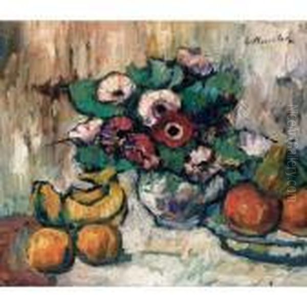 Still Life With Anemones And Fruit Oil Painting by George Leslie Hunter