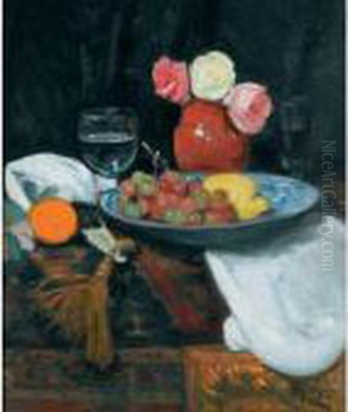 Still Life With Roses Fruit And Wine Glasses Oil Painting by George Leslie Hunter