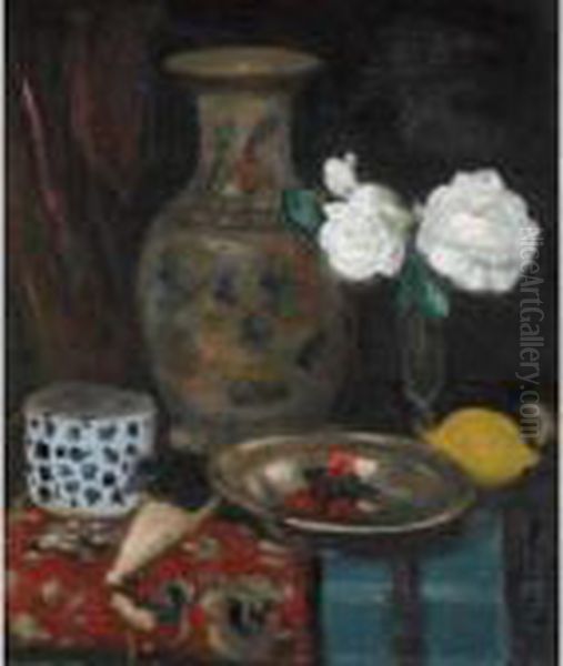 Still Life With A Chinese Vase, Bowl Of Cherries And White Roses Oil Painting by George Leslie Hunter