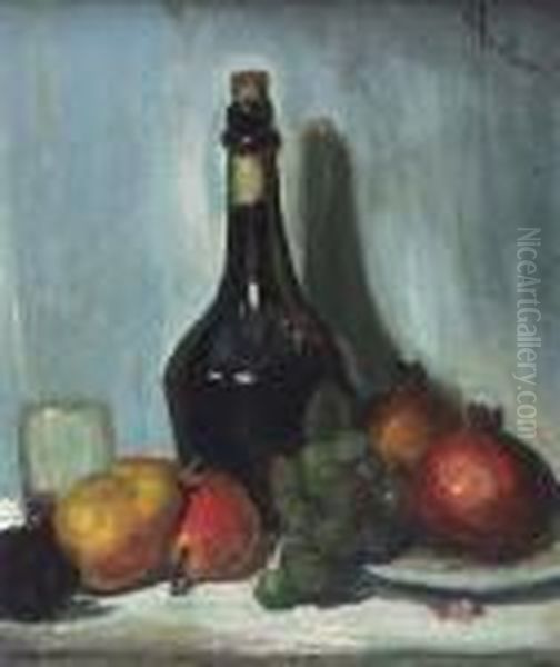 Still Life Of Fruit And Wine Bottle Oil Painting by George Leslie Hunter