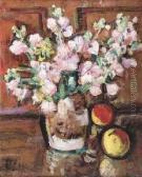 A Still Life Of Fruit And Flowers Oil Painting by George Leslie Hunter