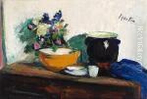 Kitchen Table With Spring Flowers Oil Painting by George Leslie Hunter