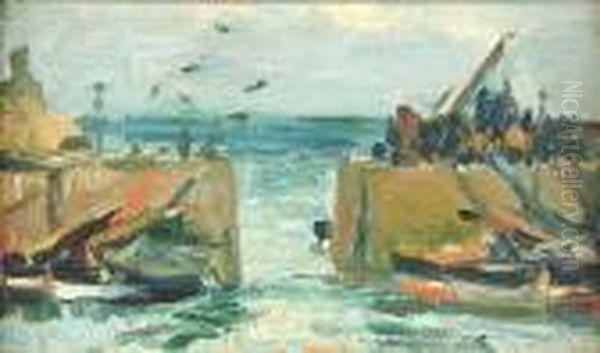 An East Coast Fishing Harbour Oil Painting by George Leslie Hunter