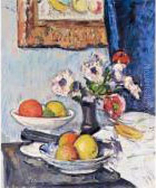 Still Life Of Anemones And Citrus Fruit Oil Painting by George Leslie Hunter